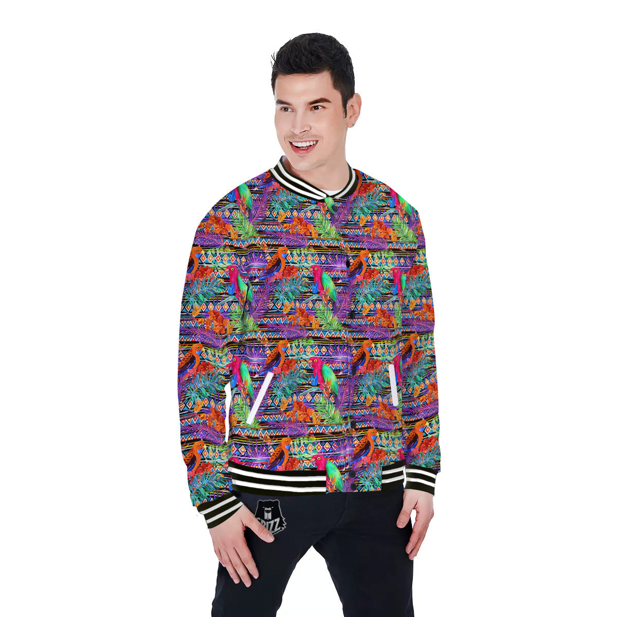 Tropical Leaves Exotic Bird Aztec Print Pattern Baseball Jacket-grizzshop