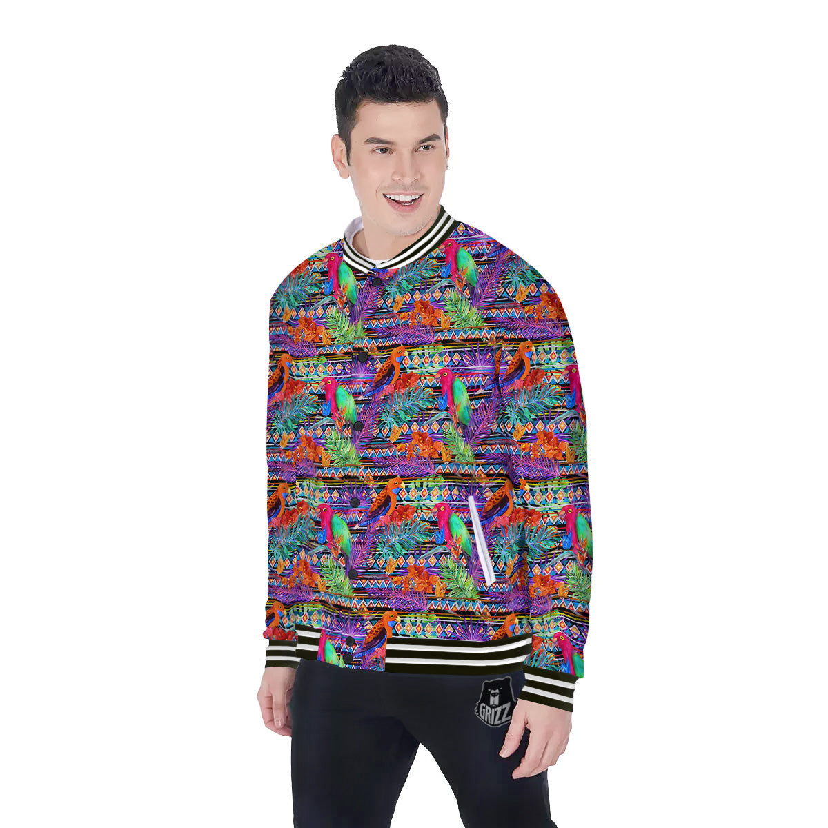 Tropical Leaves Exotic Bird Aztec Print Pattern Baseball Jacket-grizzshop