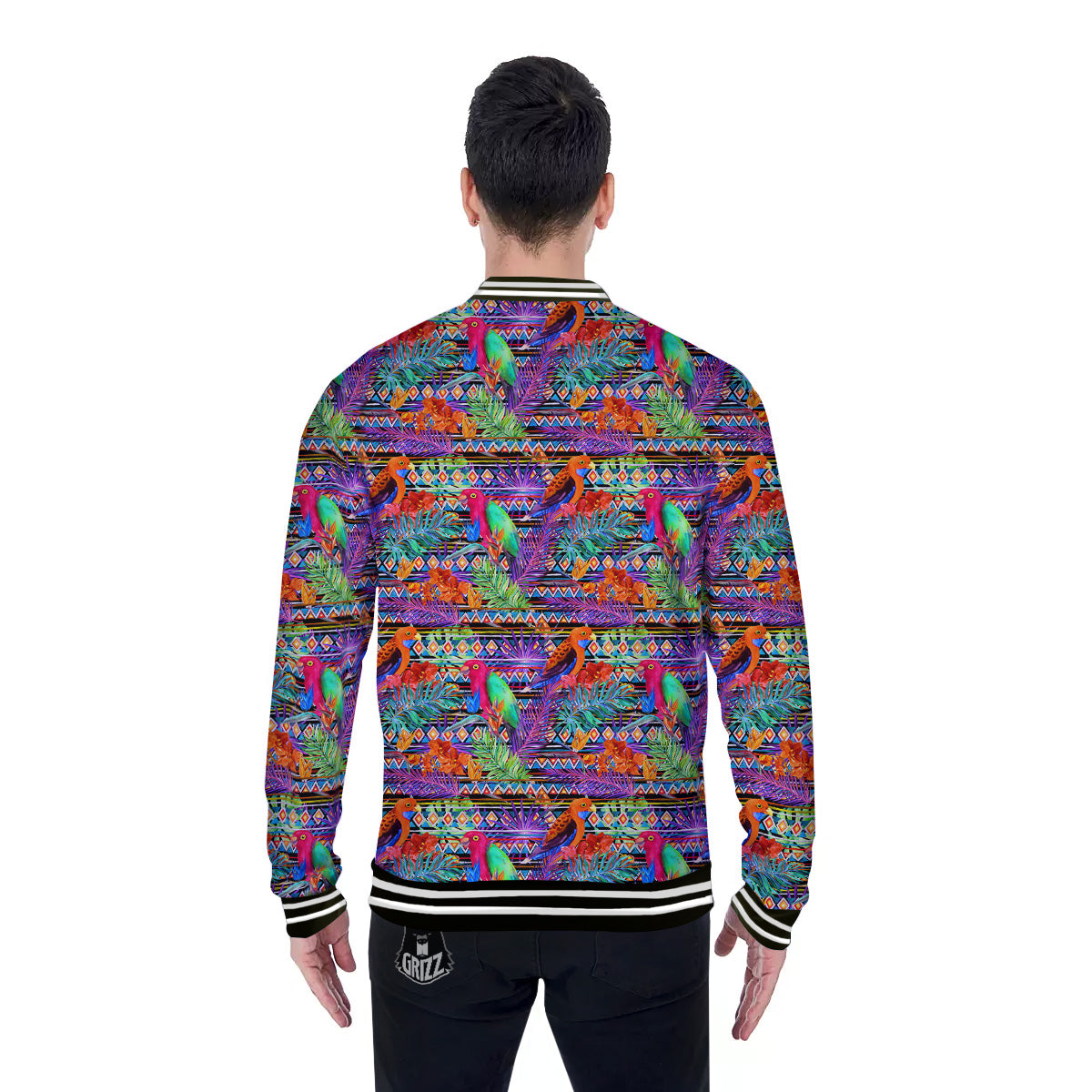 Tropical Leaves Exotic Bird Aztec Print Pattern Baseball Jacket-grizzshop