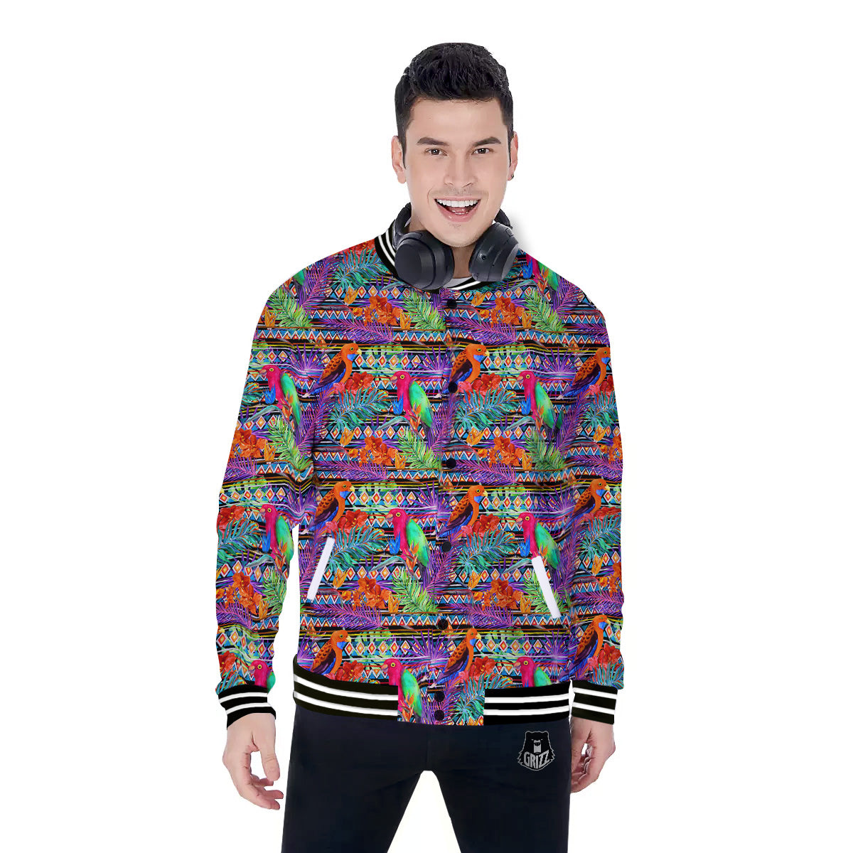 Tropical Leaves Exotic Bird Aztec Print Pattern Baseball Jacket-grizzshop