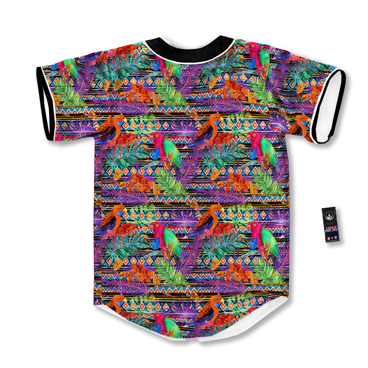 Tropical Leaves Exotic Bird Aztec Print Pattern Baseball Jersey-grizzshop
