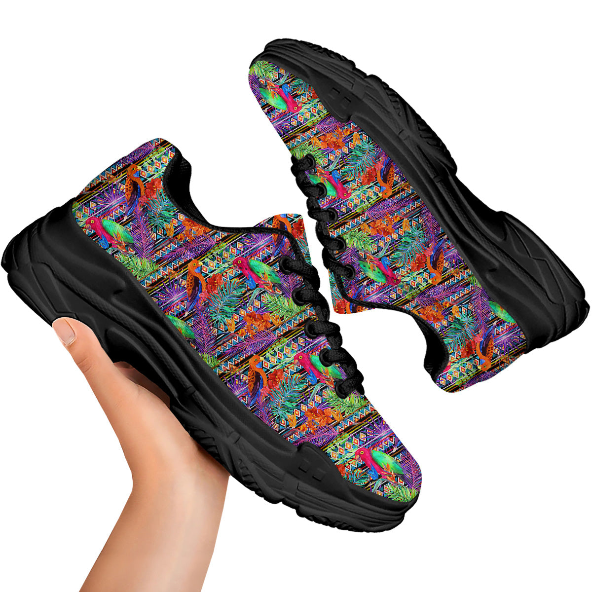 Tropical Leaves Exotic Bird Aztec Print Pattern Black Chunky Shoes-grizzshop