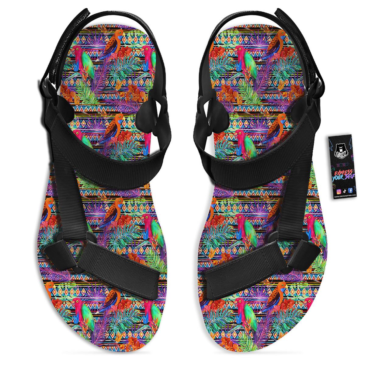 Tropical Leaves Exotic Bird Aztec Print Pattern Black Open Toe Sandals-grizzshop