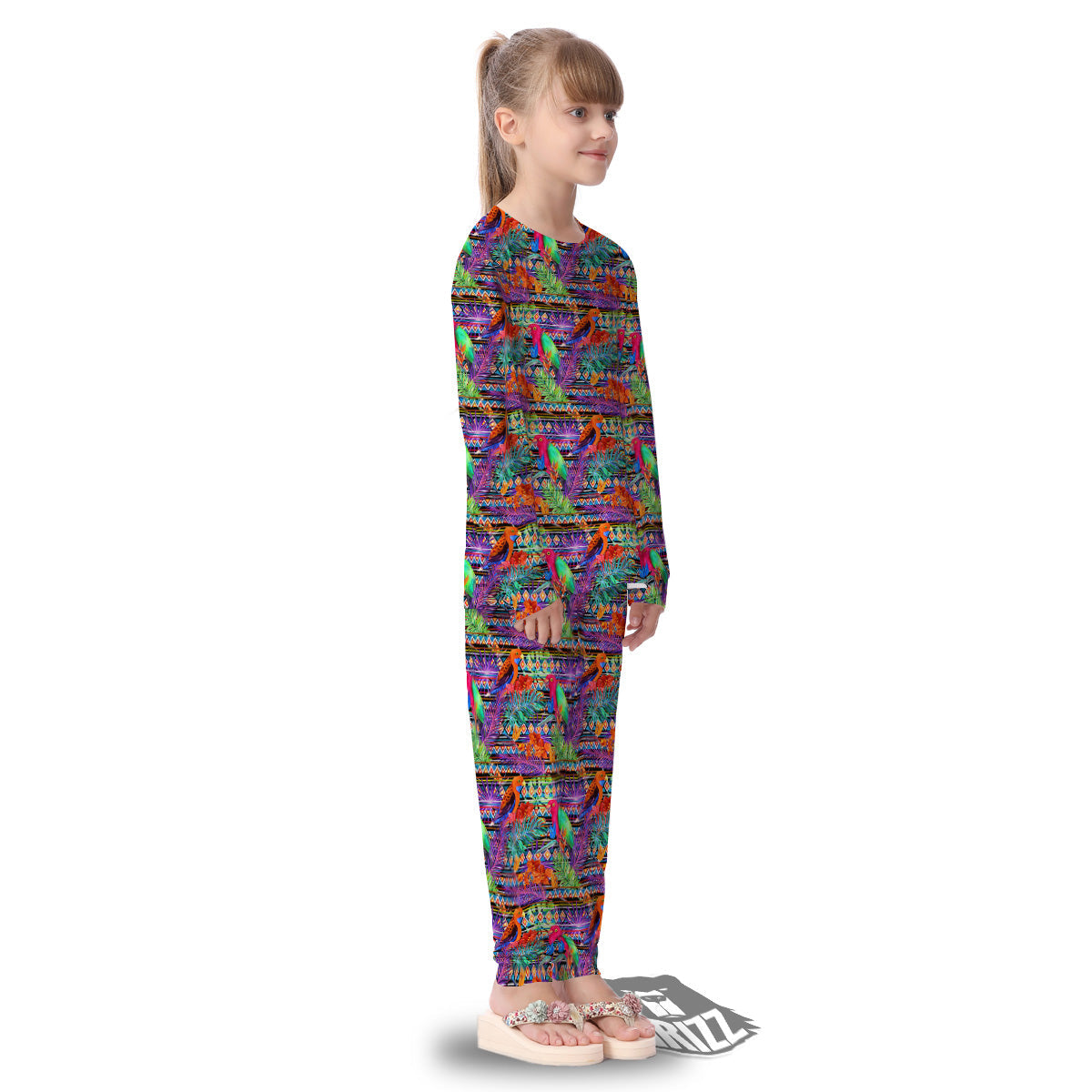 Tropical Leaves Exotic Bird Aztec Print Pattern Kid's Pajamas-grizzshop