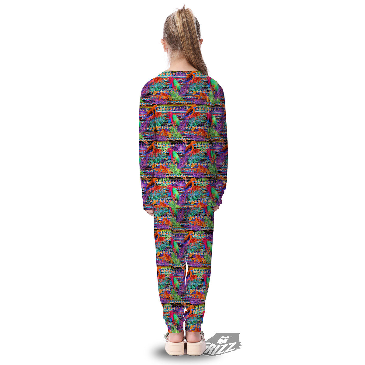 Tropical Leaves Exotic Bird Aztec Print Pattern Kid's Pajamas-grizzshop