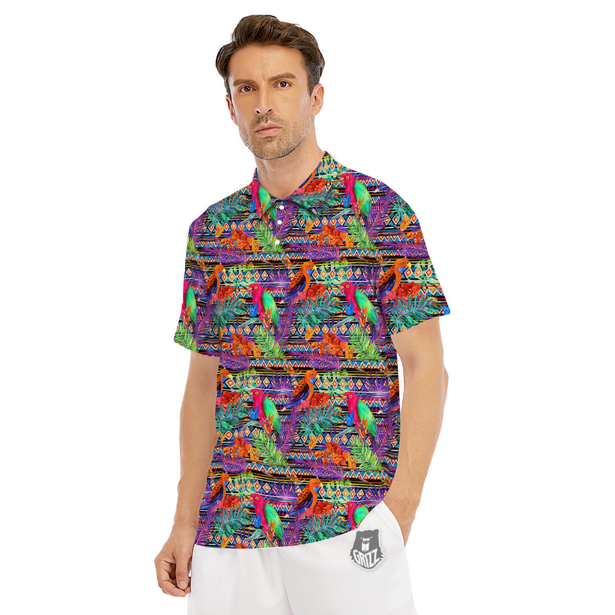 Tropical Leaves Exotic Bird Aztec Print Pattern Men's Golf Shirts-grizzshop