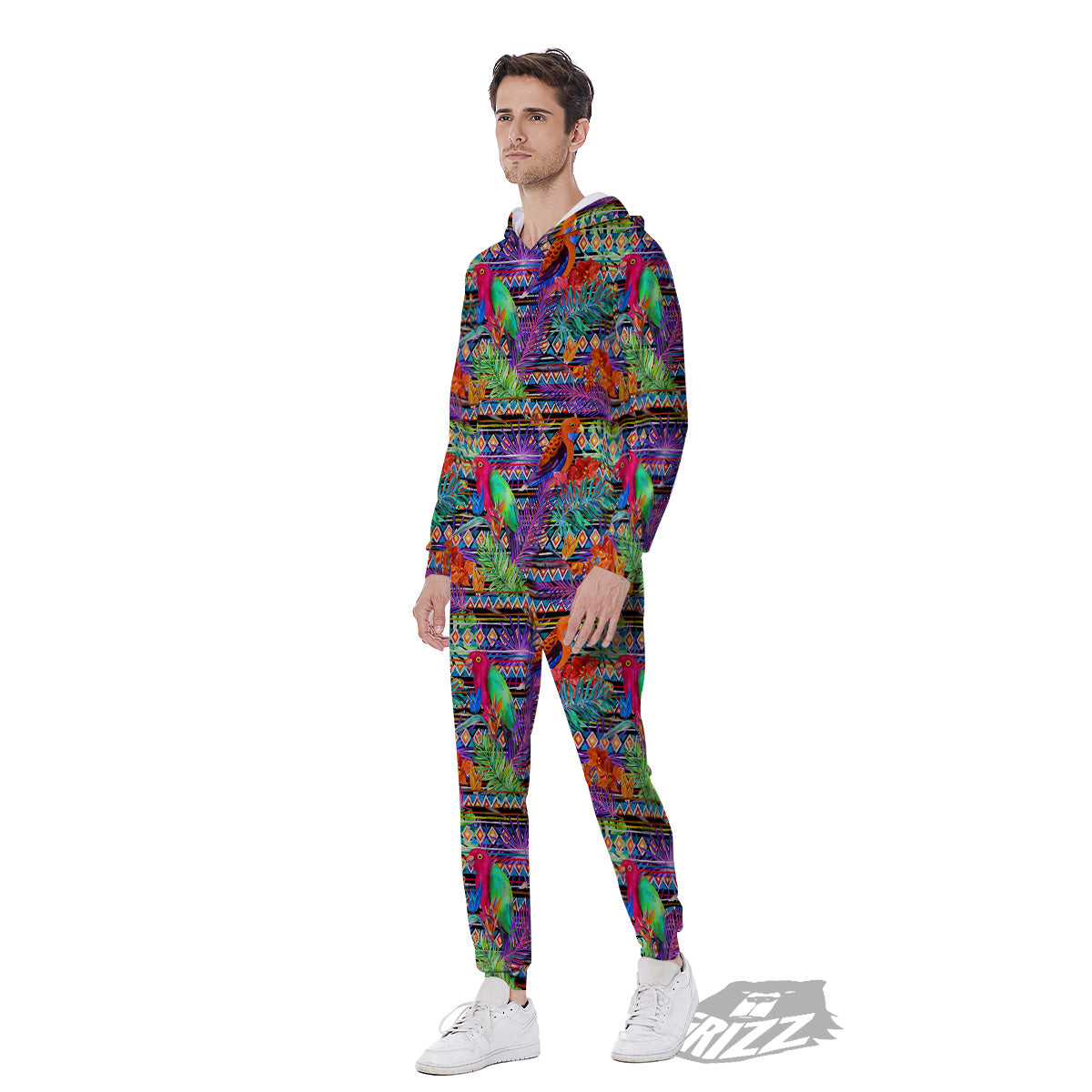 Tropical Leaves Exotic Bird Aztec Print Pattern Men's Jumpsuit-grizzshop