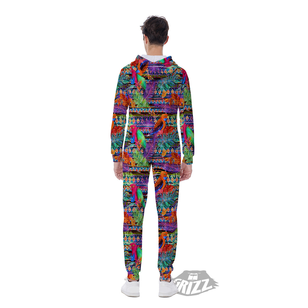 Tropical Leaves Exotic Bird Aztec Print Pattern Men's Jumpsuit-grizzshop