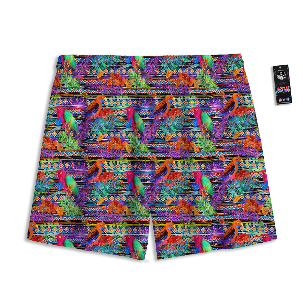 Tropical Leaves Exotic Bird Aztec Print Pattern Mesh Shorts-grizzshop