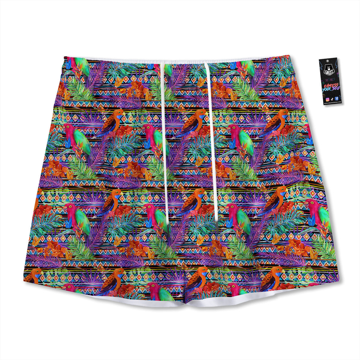 Tropical Leaves Exotic Bird Aztec Print Pattern Mesh Shorts-grizzshop