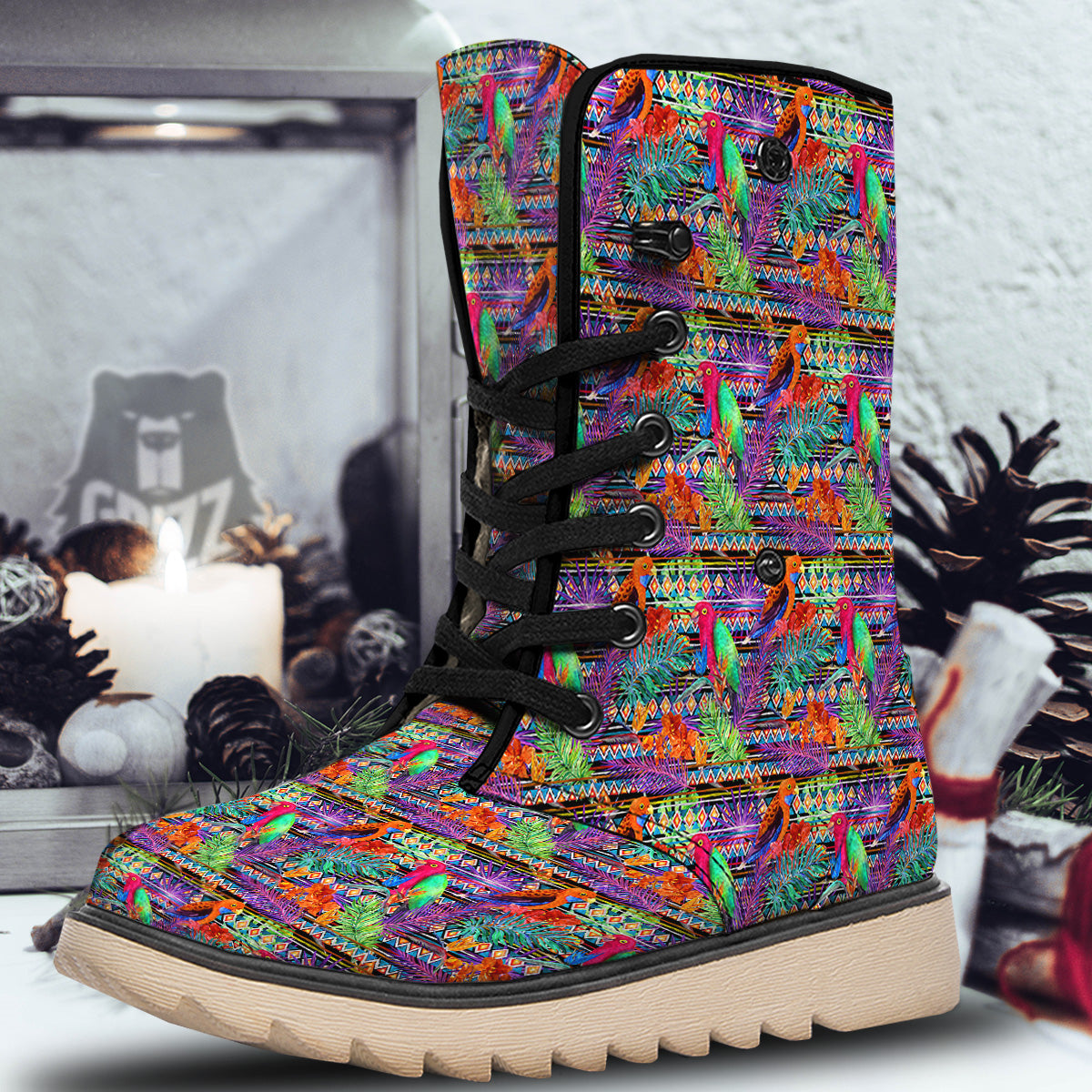 Tropical Leaves Exotic Bird Aztec Print Pattern Snow Boots-grizzshop
