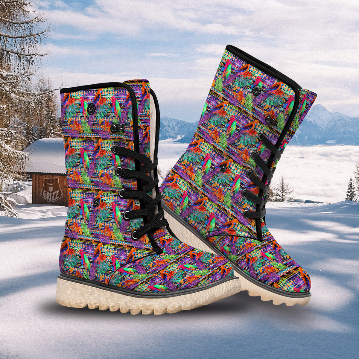 Tropical Leaves Exotic Bird Aztec Print Pattern Snow Boots-grizzshop