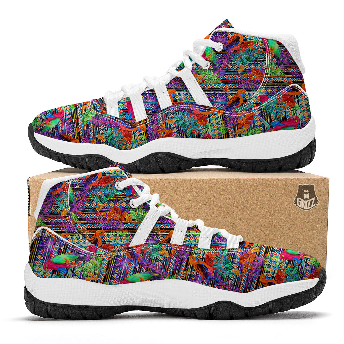 Tropical Leaves Exotic Bird Aztec Print Pattern White Bball Shoes-grizzshop