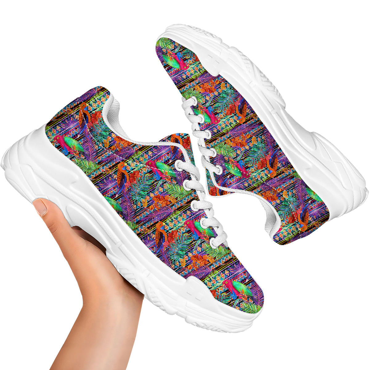 Tropical Leaves Exotic Bird Aztec Print Pattern White Chunky Shoes-grizzshop