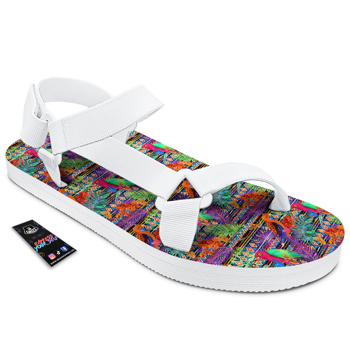 Tropical Leaves Exotic Bird Aztec Print Pattern White Open Toe Sandals-grizzshop