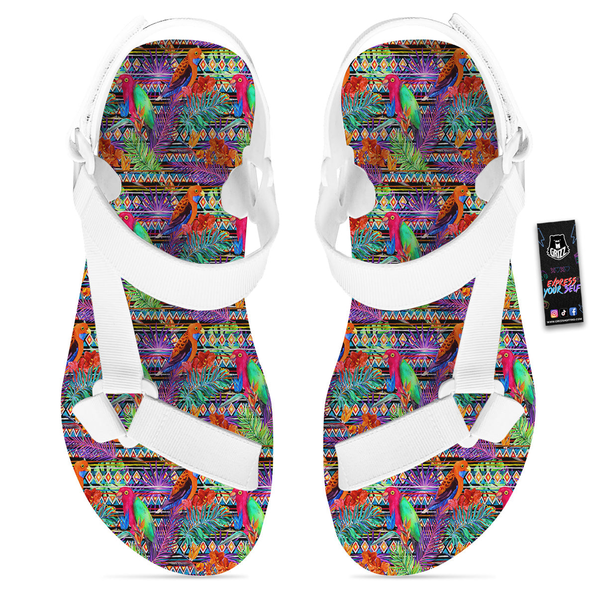 Tropical Leaves Exotic Bird Aztec Print Pattern White Open Toe Sandals-grizzshop