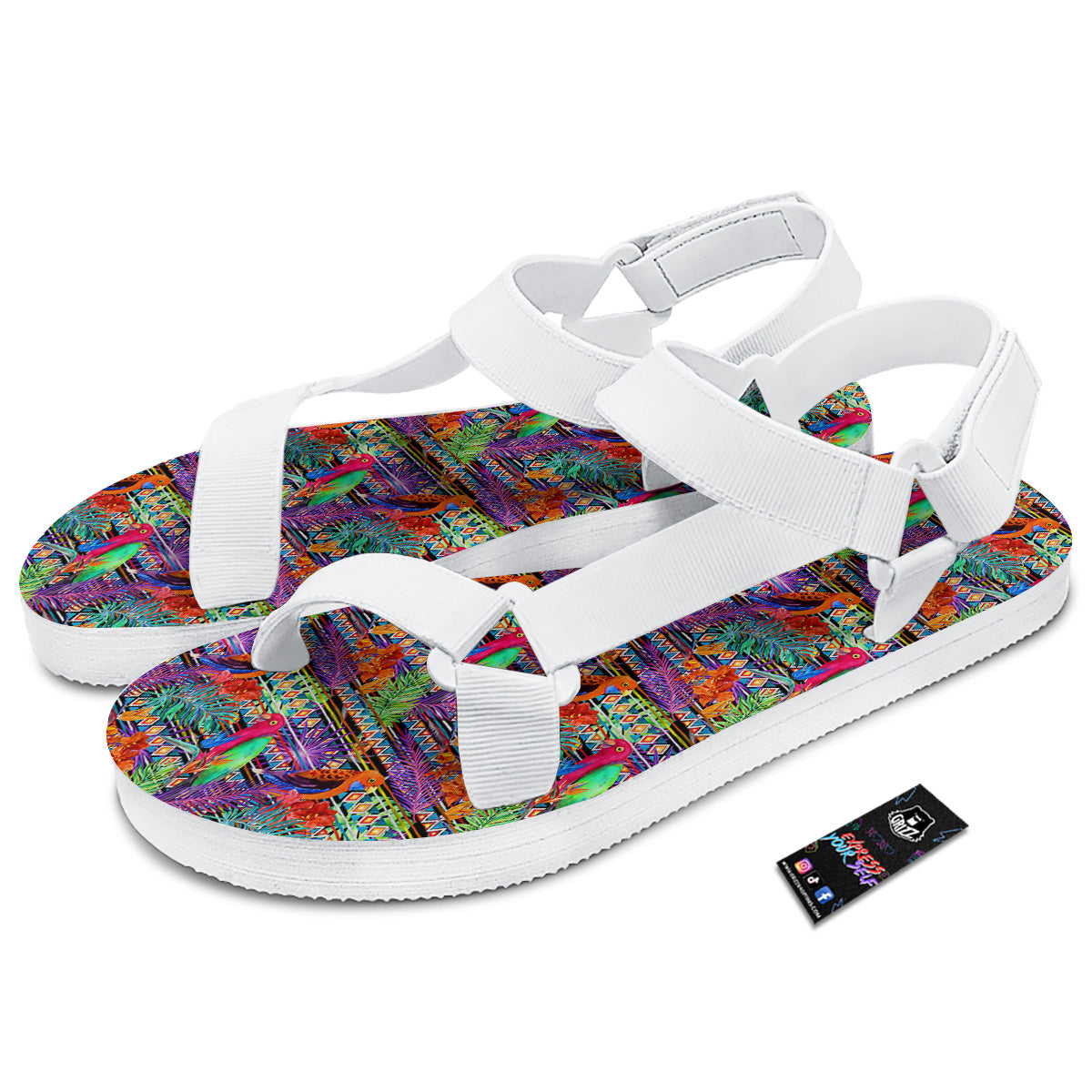 Tropical Leaves Exotic Bird Aztec Print Pattern White Open Toe Sandals-grizzshop