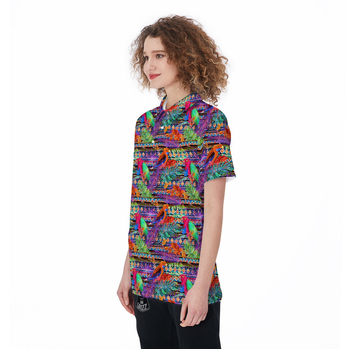 Tropical Leaves Exotic Bird Aztec Print Pattern Women's Golf Shirts-grizzshop