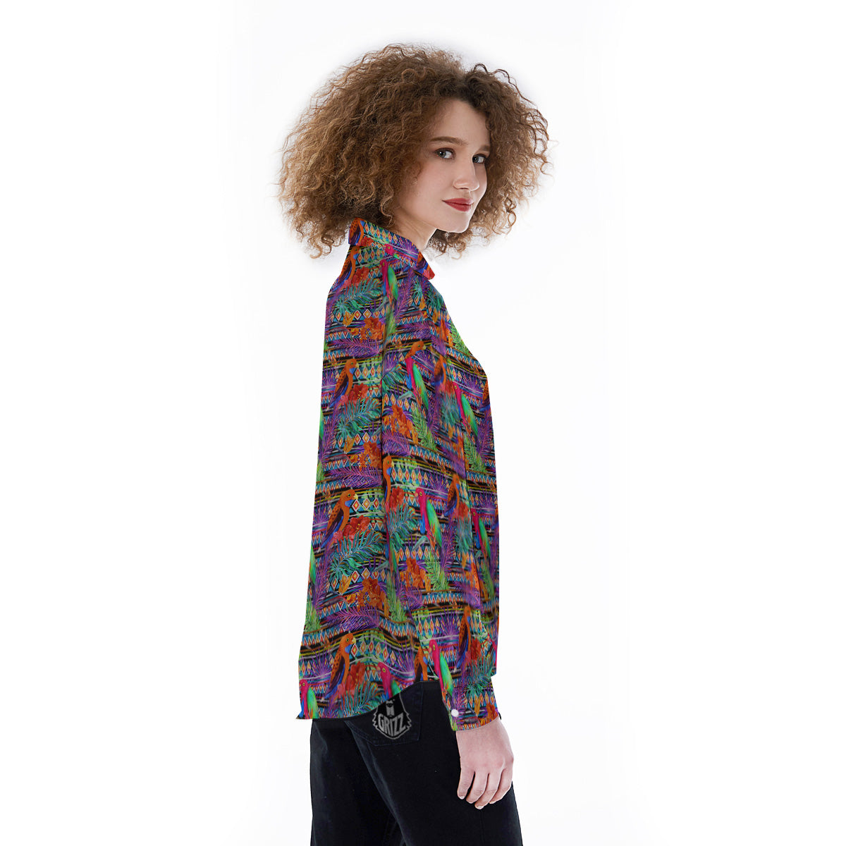 Tropical Leaves Exotic Bird Aztec Print Pattern Women's Long Sleeve Shirts-grizzshop