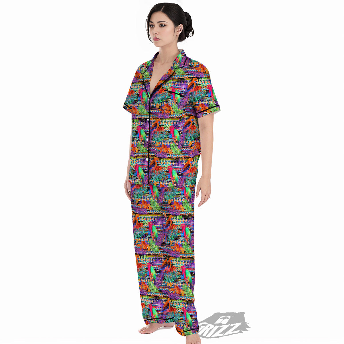 Tropical Leaves Exotic Bird Aztec Print Pattern Women's Pajamas Set-grizzshop