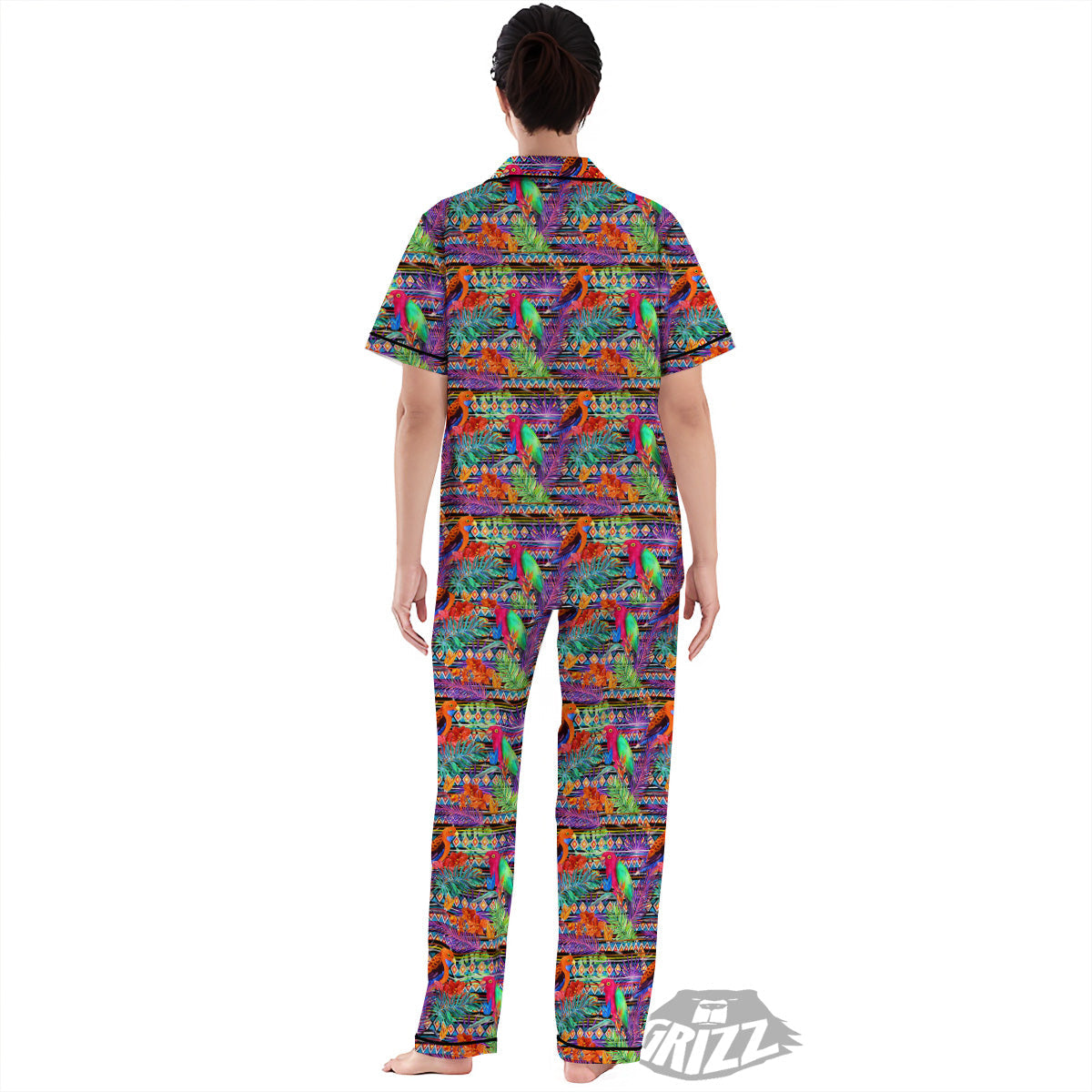 Tropical Leaves Exotic Bird Aztec Print Pattern Women's Pajamas Set-grizzshop