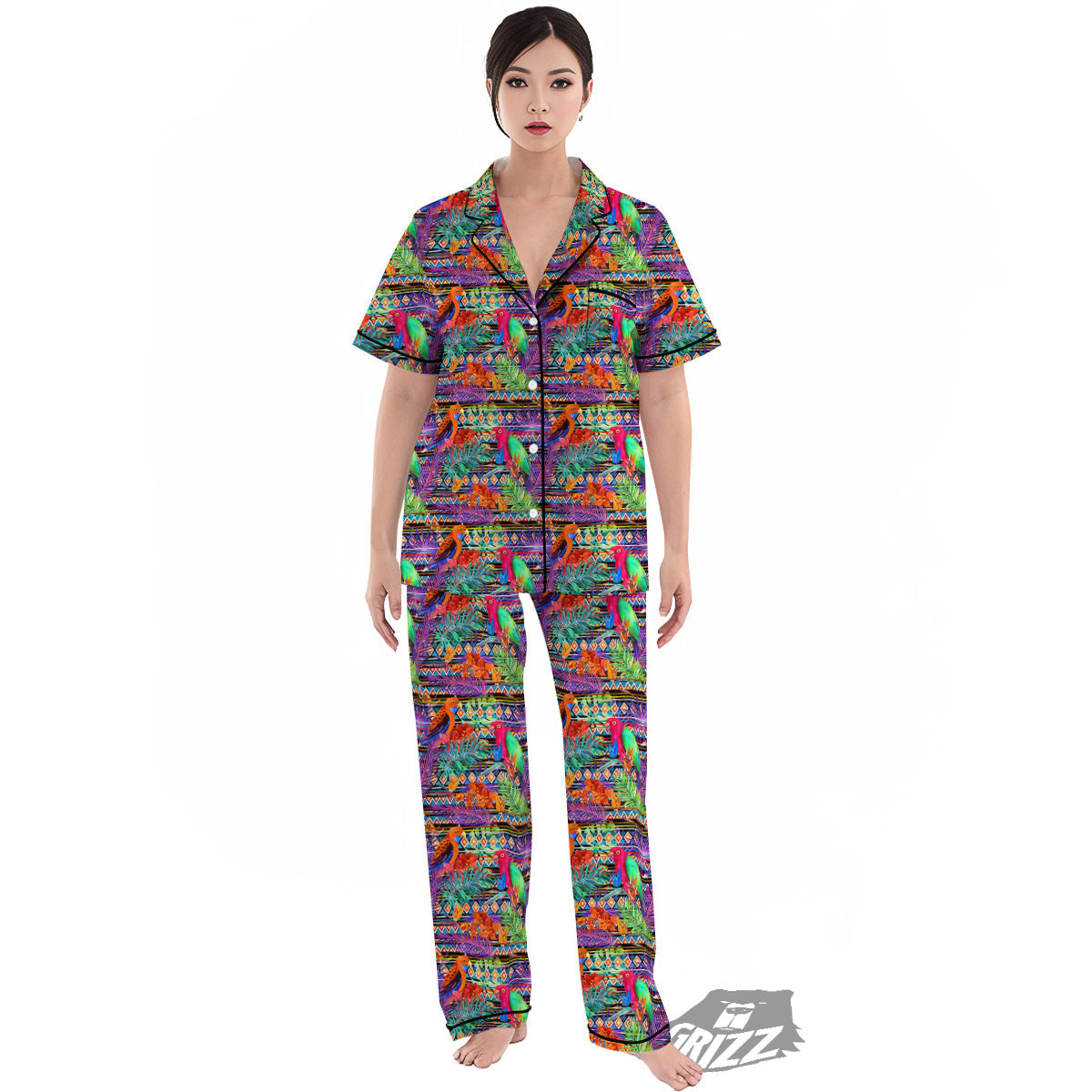 Tropical Leaves Exotic Bird Aztec Print Pattern Women's Pajamas Set-grizzshop