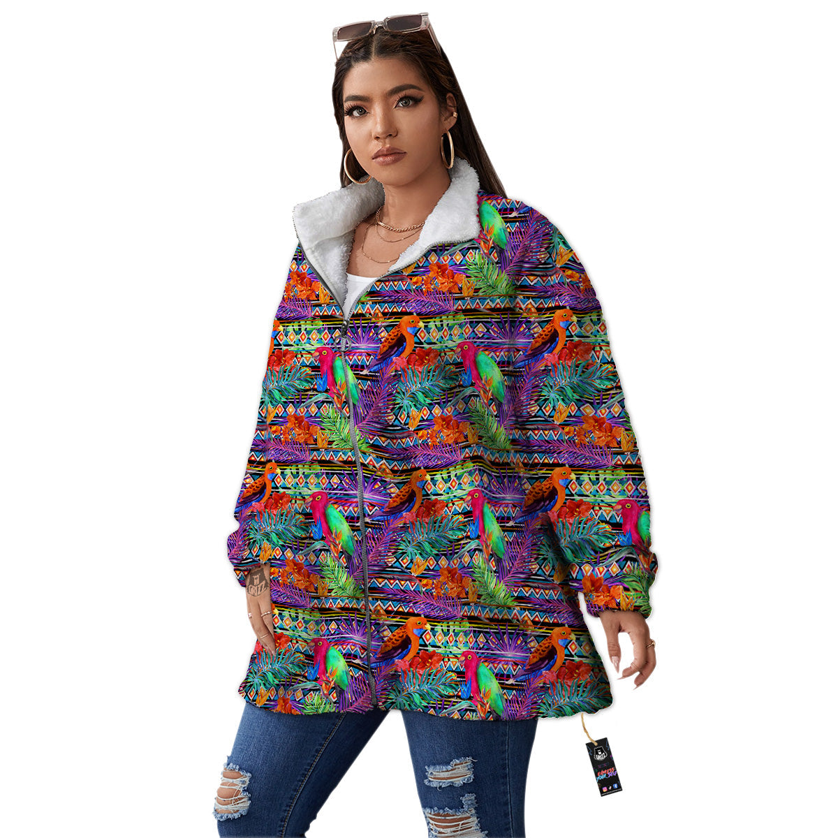 Tropical Leaves Exotic Bird Aztec Print Pattern Women's Sherpa Jacket-grizzshop