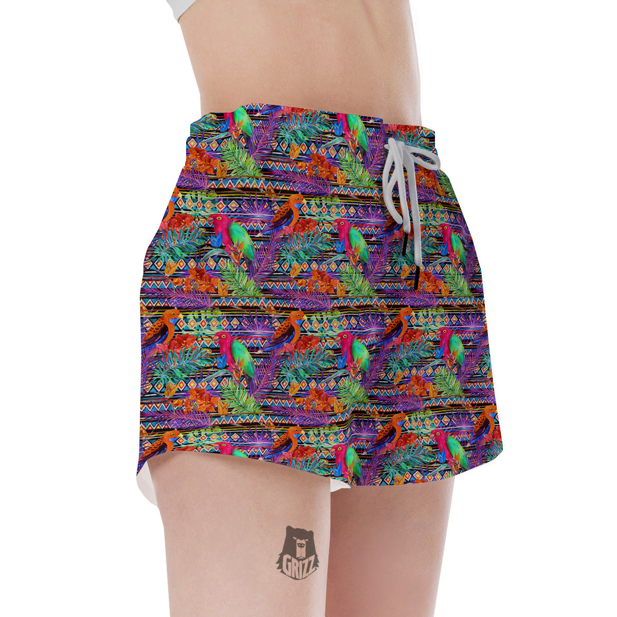 Tropical Leaves Exotic Bird Aztec Print Pattern Women's Shorts-grizzshop