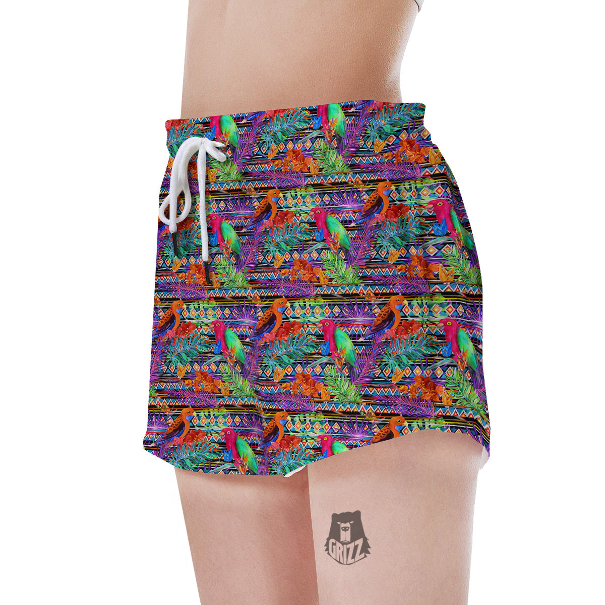 Tropical Leaves Exotic Bird Aztec Print Pattern Women's Shorts-grizzshop