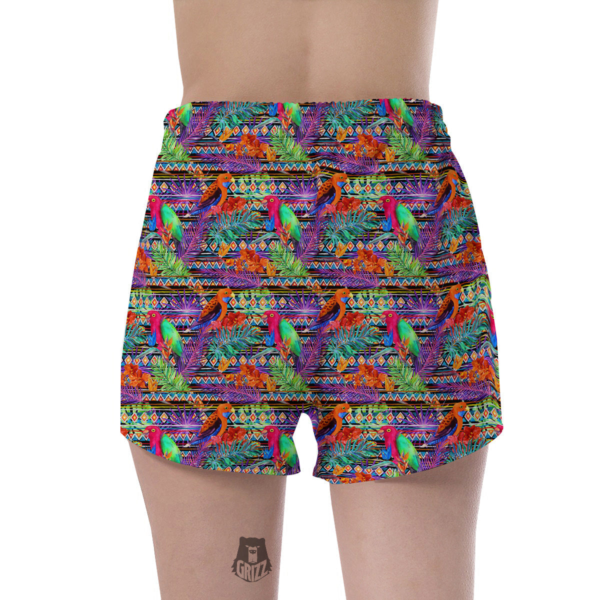 Tropical Leaves Exotic Bird Aztec Print Pattern Women's Shorts-grizzshop