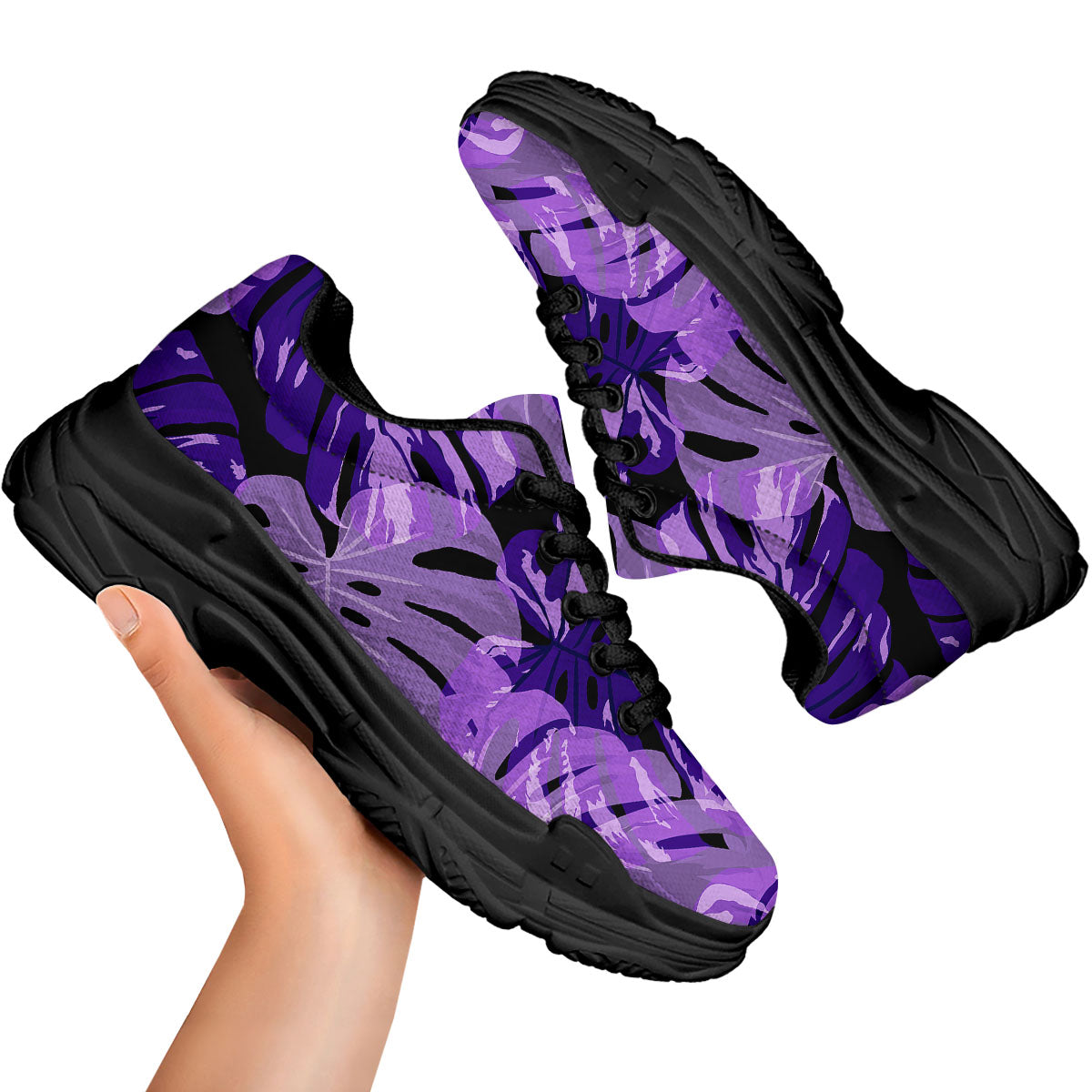 Tropical Leaves Purple Print Black Chunky Shoes-grizzshop