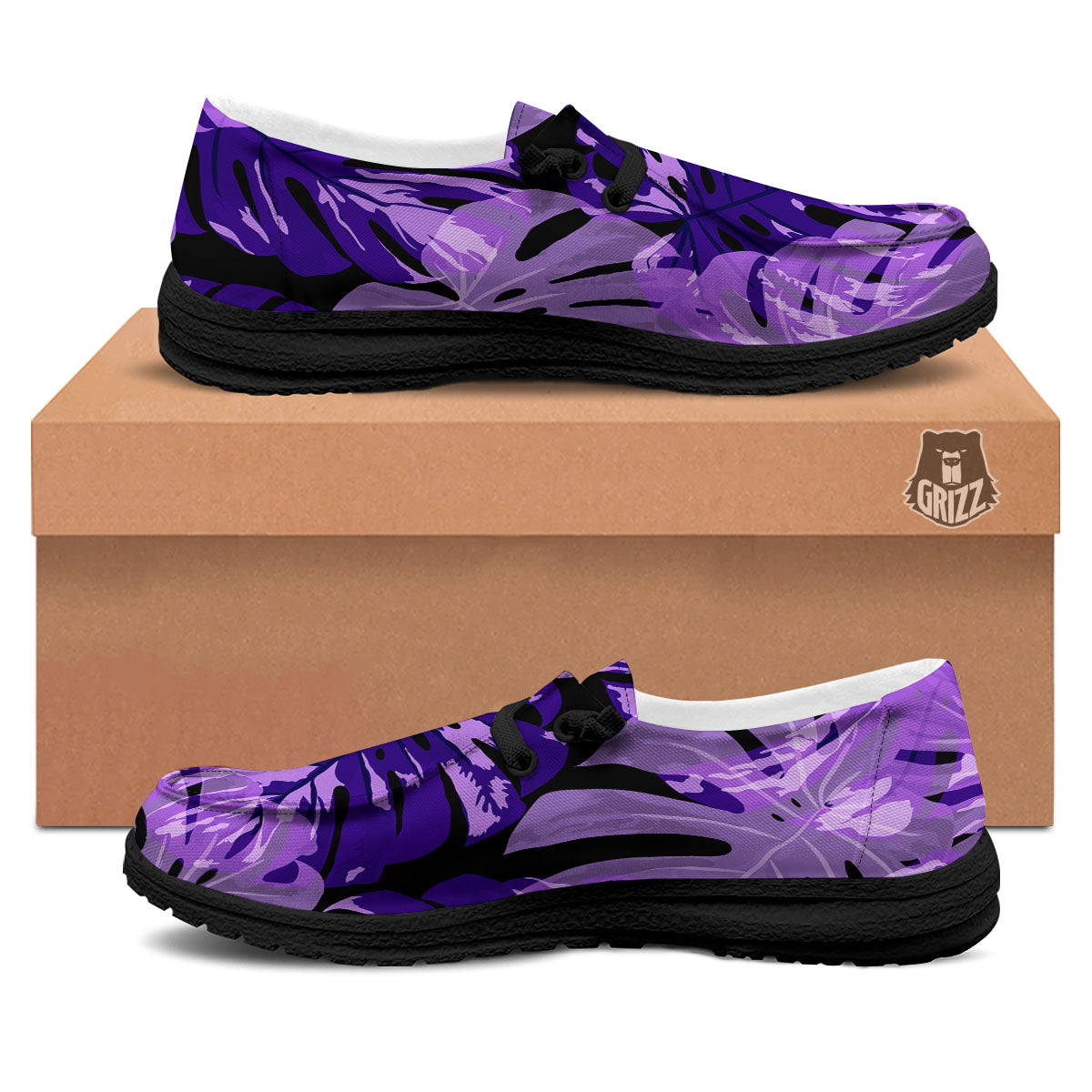 Tropical Leaves Purple Print Black Loafers-grizzshop