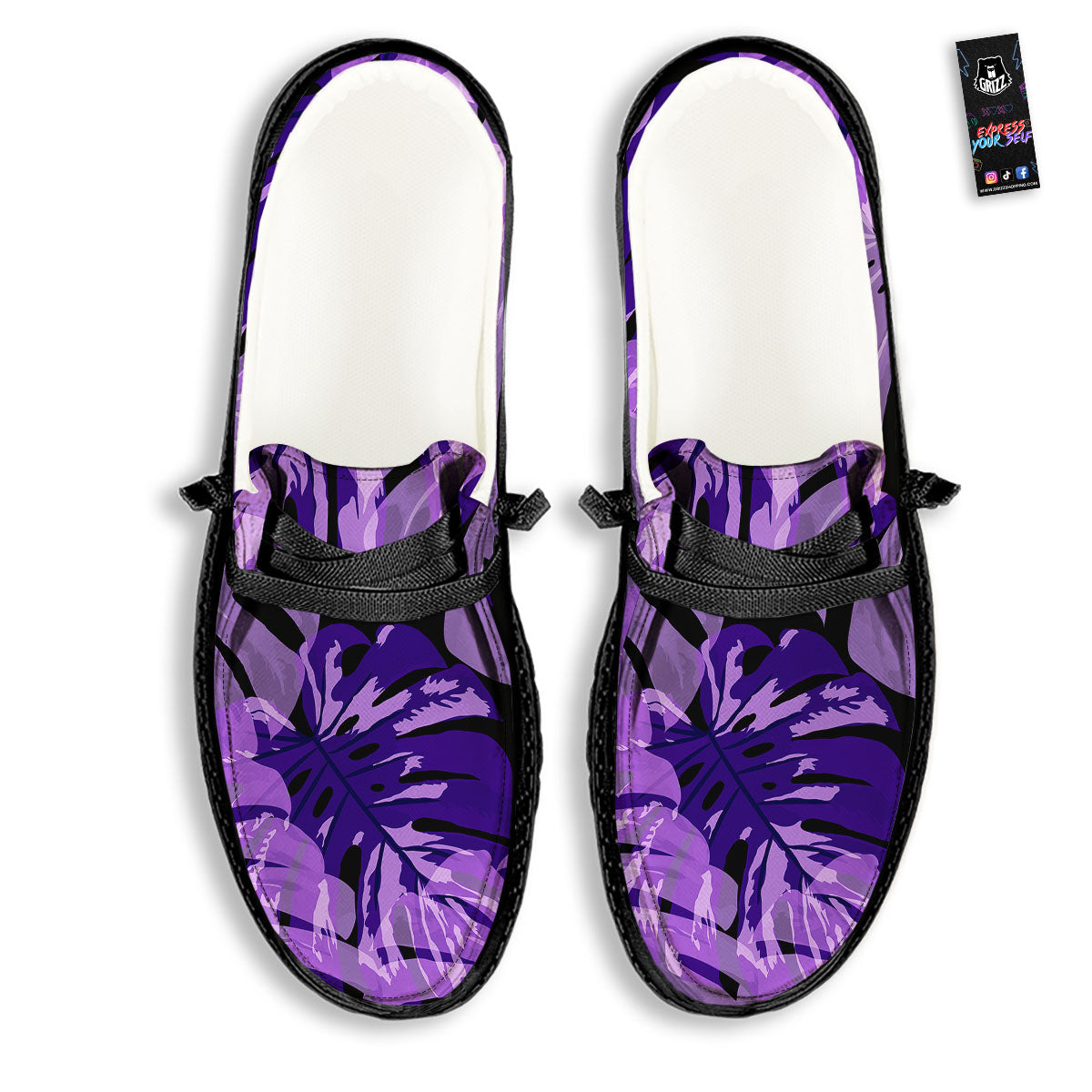 Tropical Leaves Purple Print Black Loafers-grizzshop