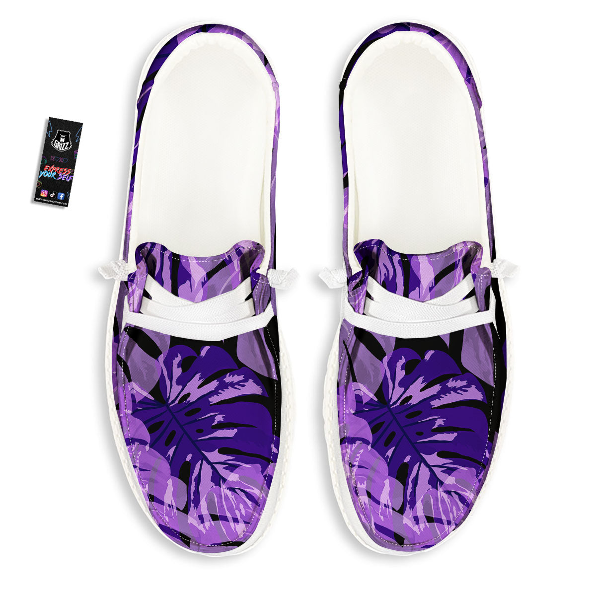 Tropical Leaves Purple Print Black Loafers-grizzshop