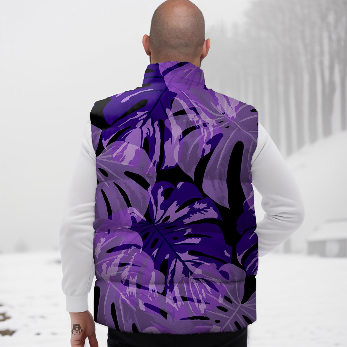 Tropical Leaves Purple Print Down Vest-grizzshop