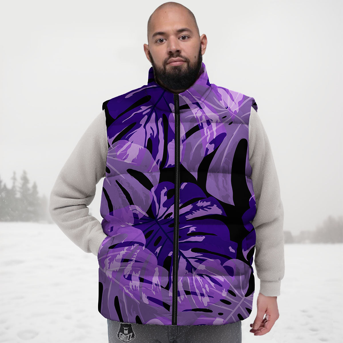 Tropical Leaves Purple Print Down Vest-grizzshop