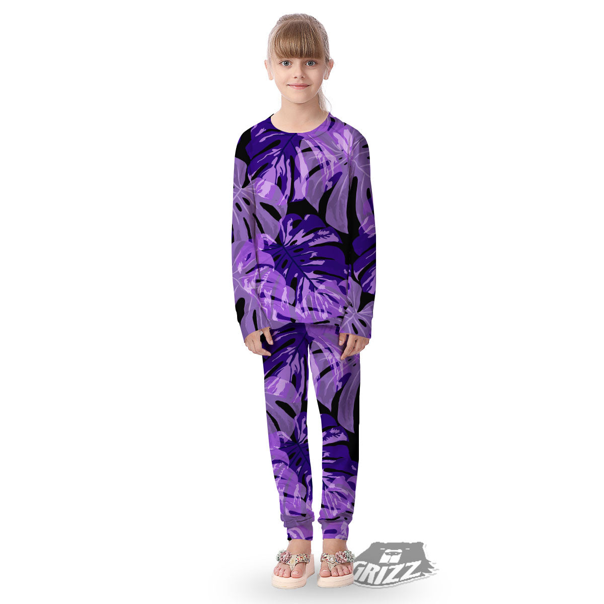 Tropical Leaves Purple Print Kid's Pajamas-grizzshop