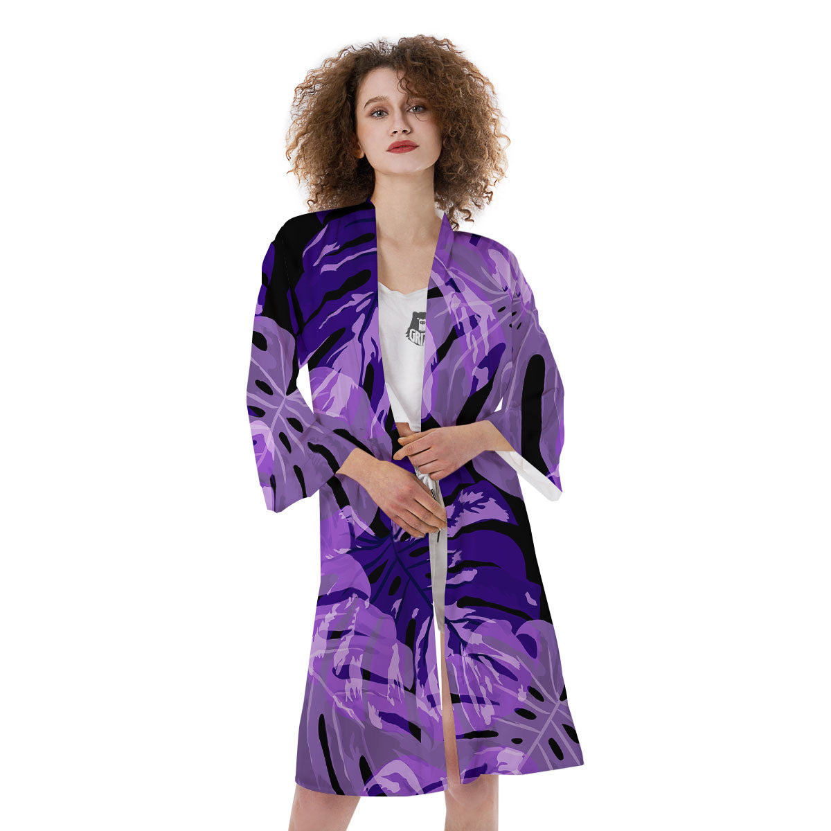 Tropical Leaves Purple Print Kimono-grizzshop
