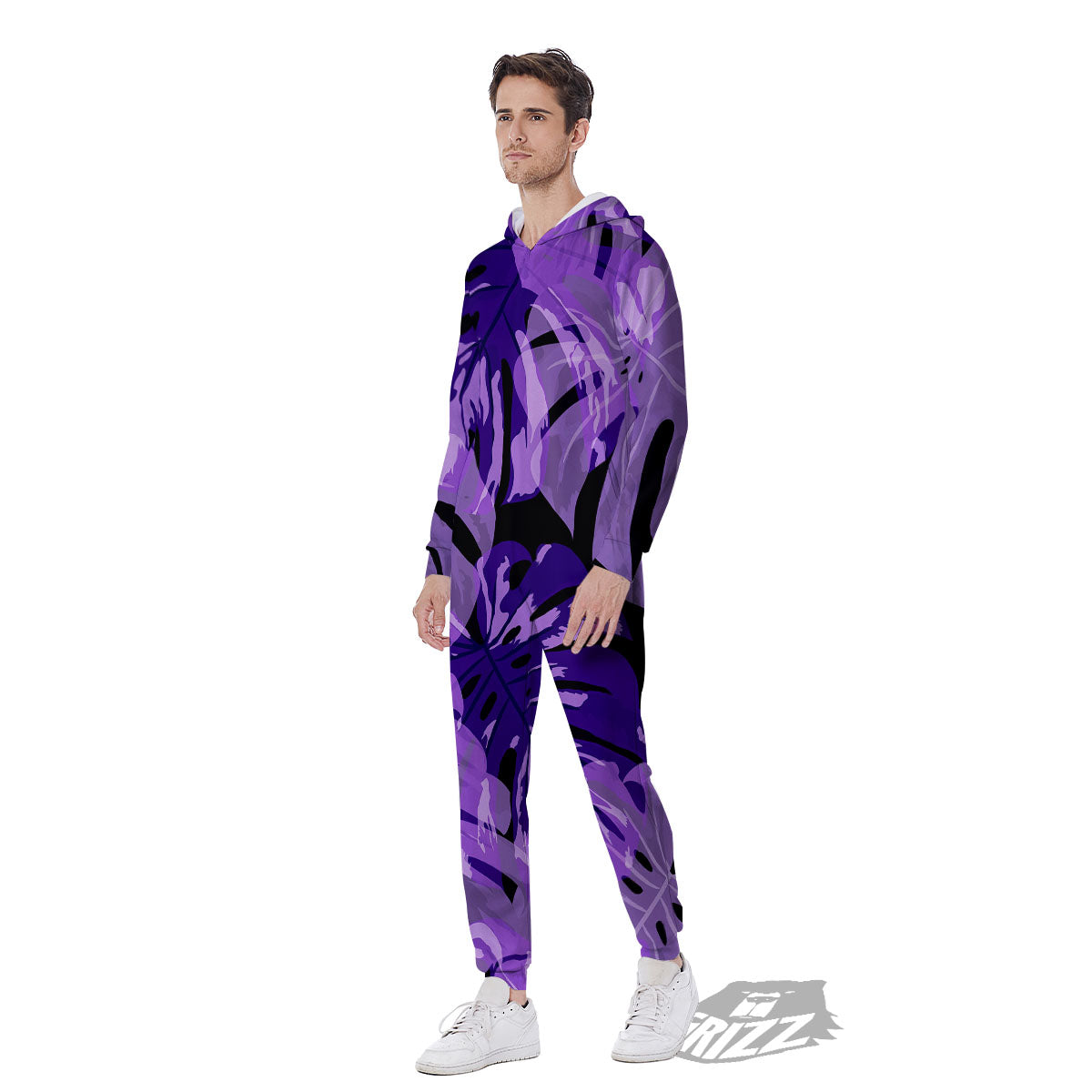 Tropical Leaves Purple Print Men's Jumpsuit-grizzshop
