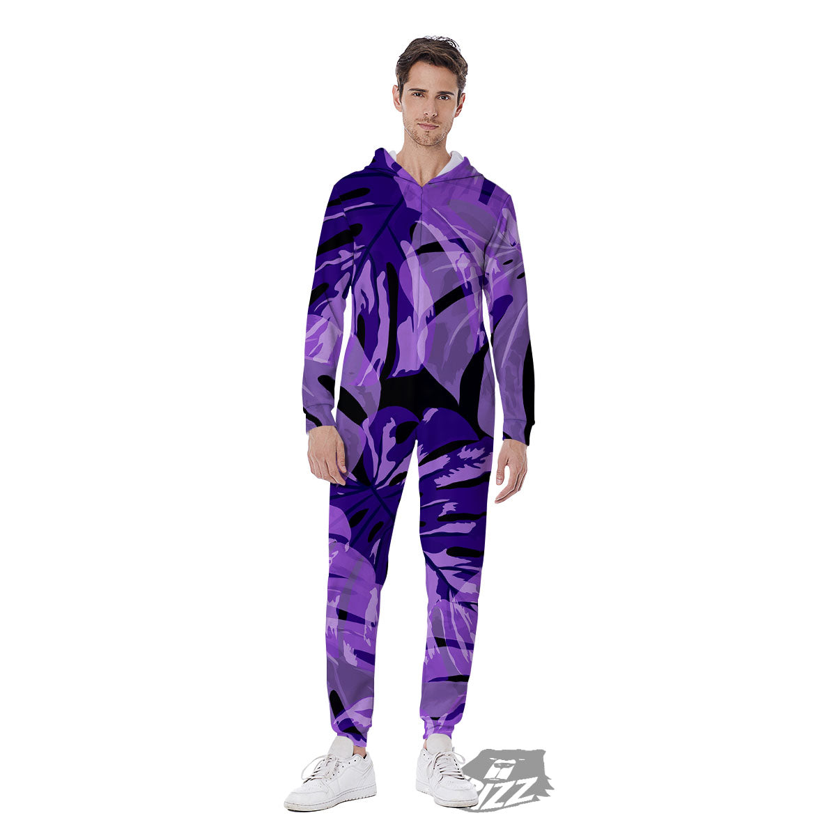 Tropical Leaves Purple Print Men's Jumpsuit-grizzshop