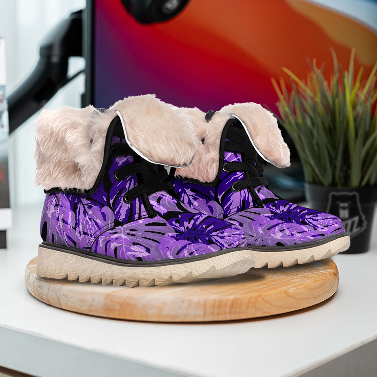 Tropical Leaves Purple Print Snow Boots-grizzshop