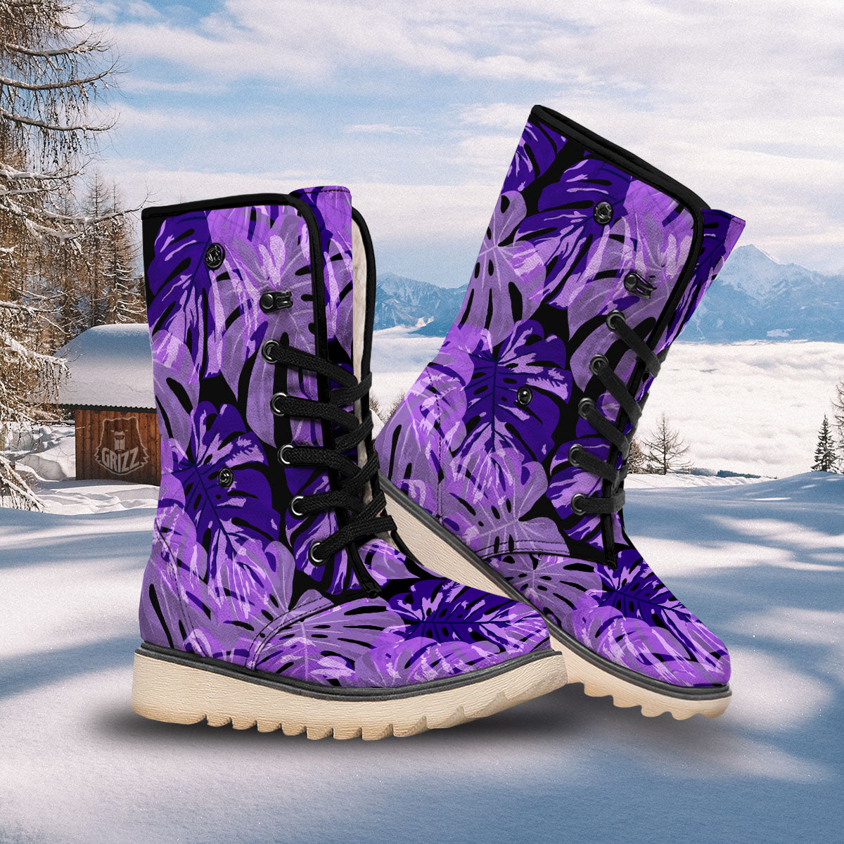 Tropical Leaves Purple Print Snow Boots-grizzshop