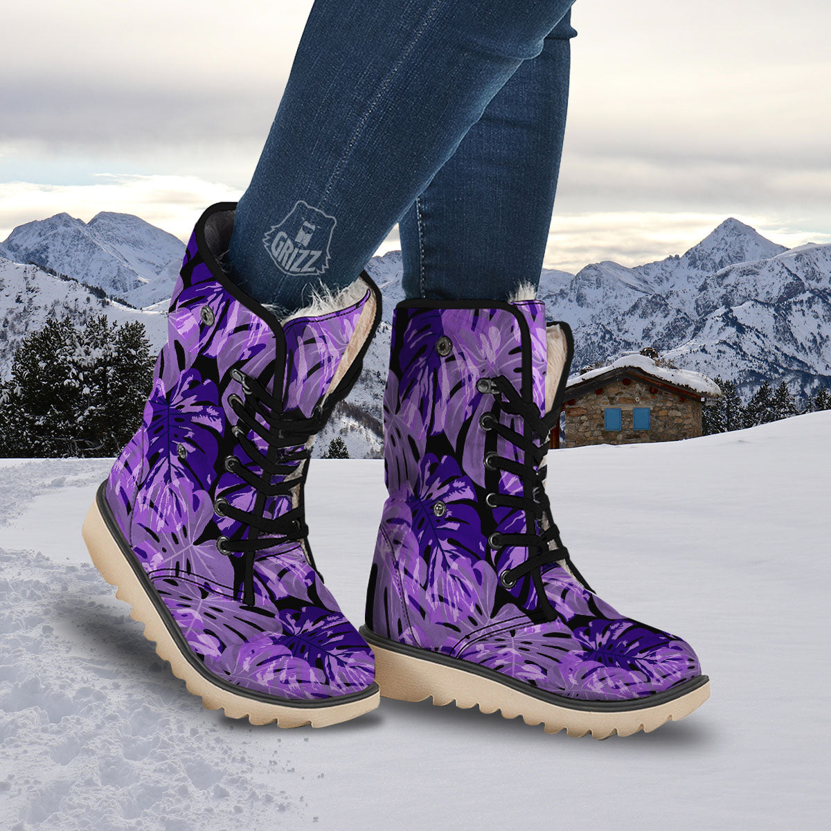 Tropical Leaves Purple Print Snow Boots-grizzshop