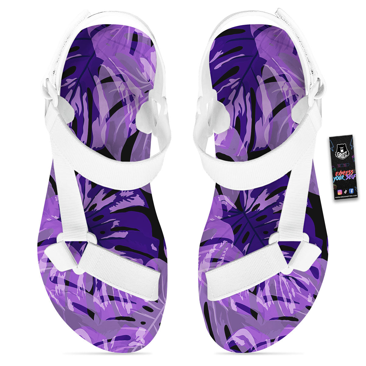 Tropical Leaves Purple Print White Open Toe Sandals-grizzshop