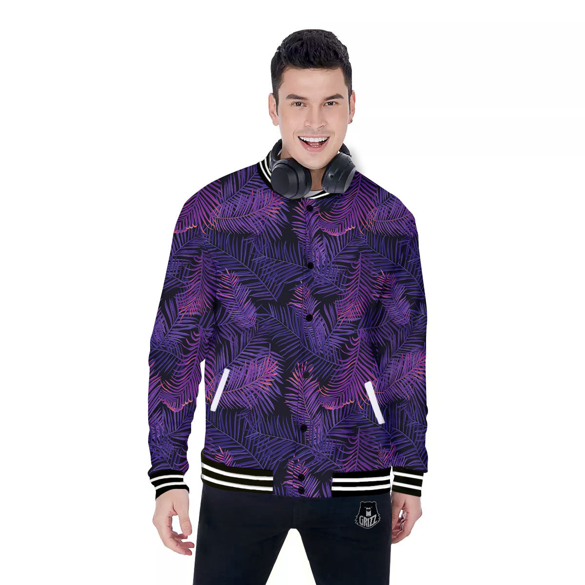 Tropical Leaves Violet Print Pattern Baseball Jacket-grizzshop