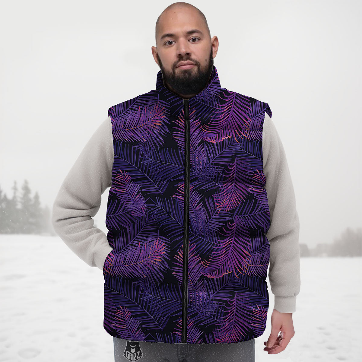 Tropical Leaves Violet Print Pattern Down Vest-grizzshop