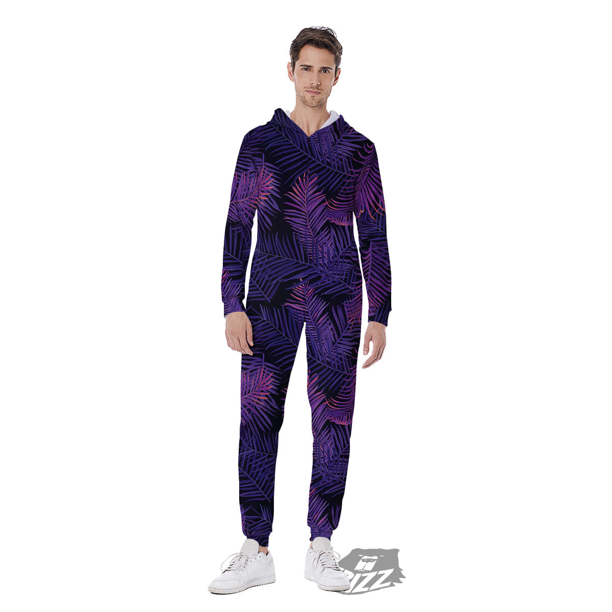 Tropical Leaves Violet Print Pattern Men's Jumpsuit-grizzshop