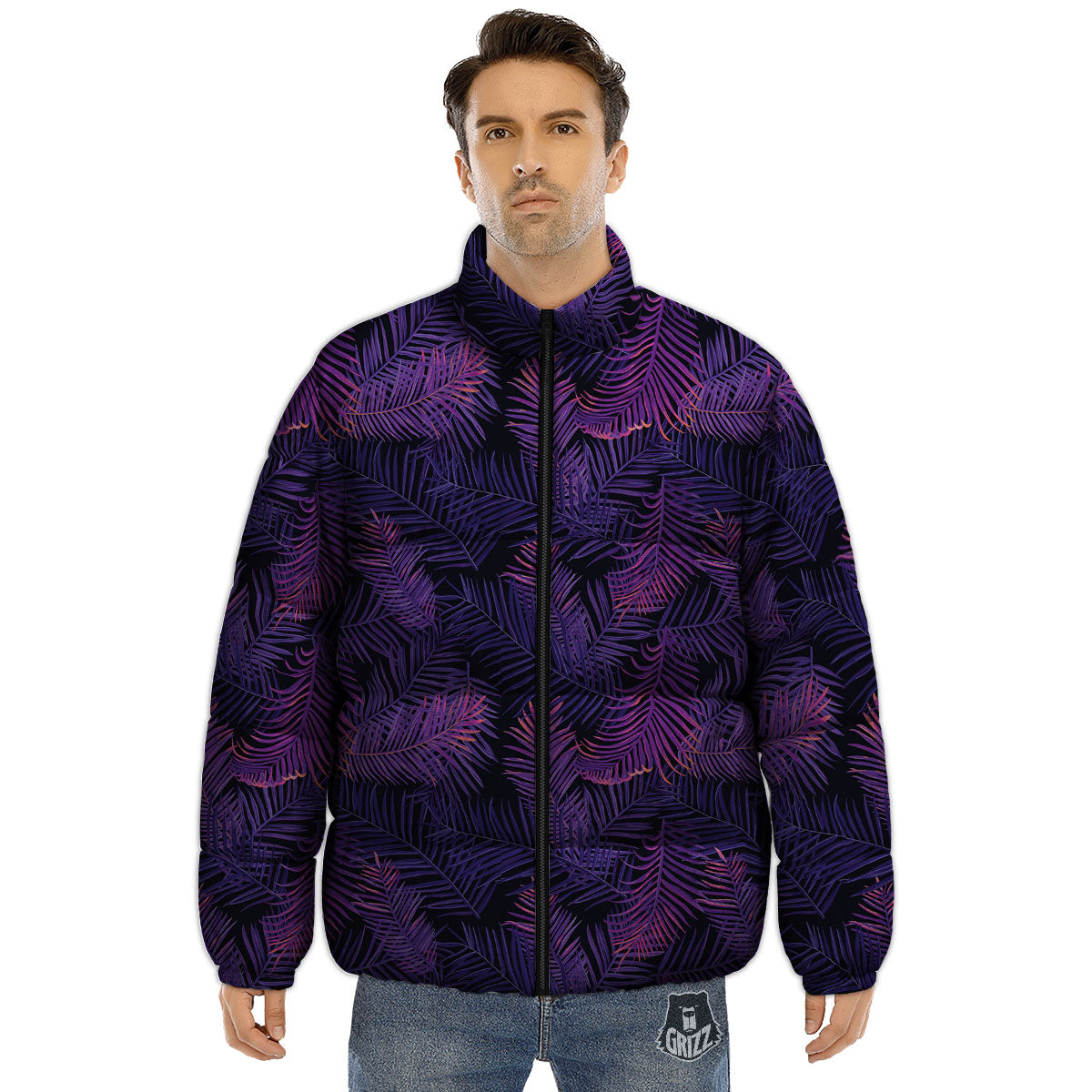 Tropical Leaves Violet Print Pattern Puffer Jacket-grizzshop
