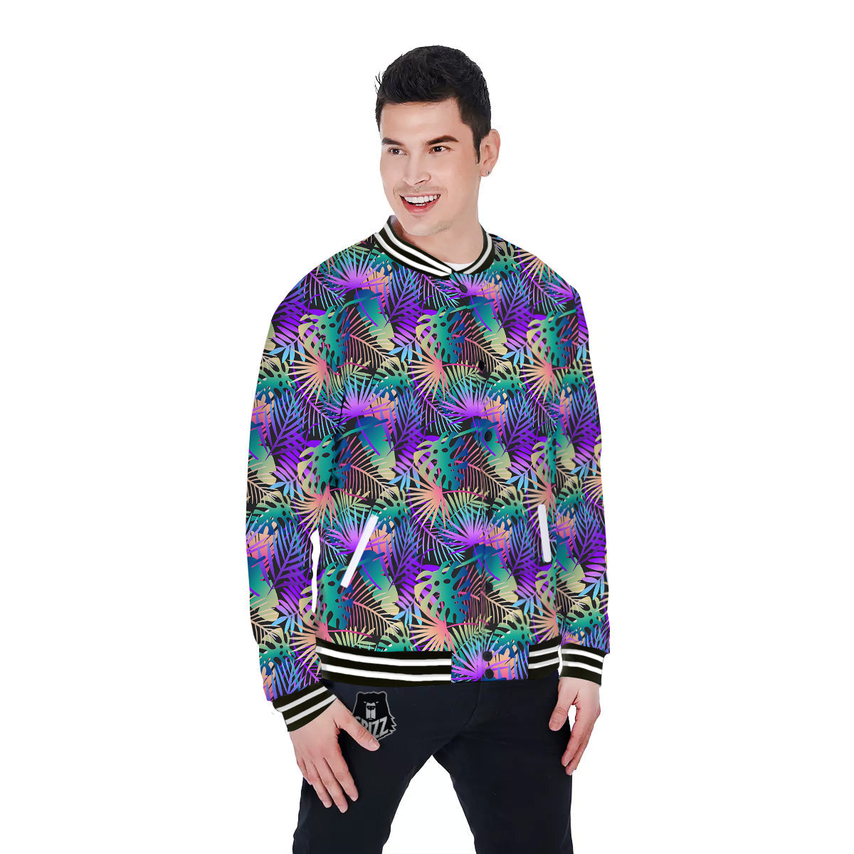 Tropical Neon Color And Palm Leaves Print Pattern Baseball Jacket-grizzshop