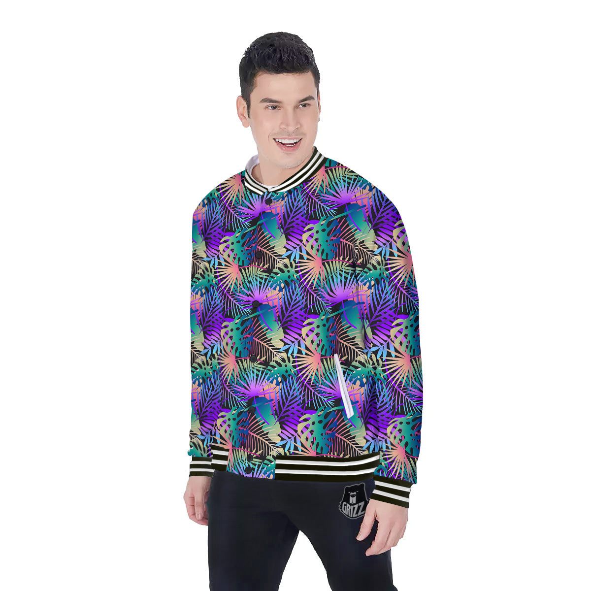 Tropical Neon Color And Palm Leaves Print Pattern Baseball Jacket-grizzshop